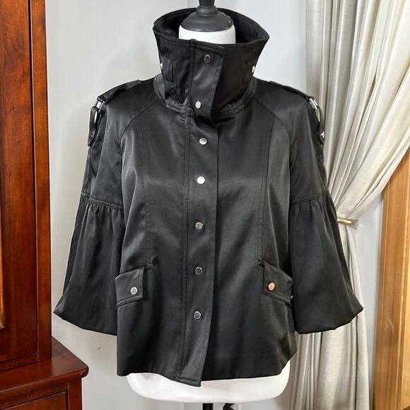 Cache Vintage Black Nylon Puffy Sleeve Silver Button Front High Neck Coat Large - Picture 1 of 13